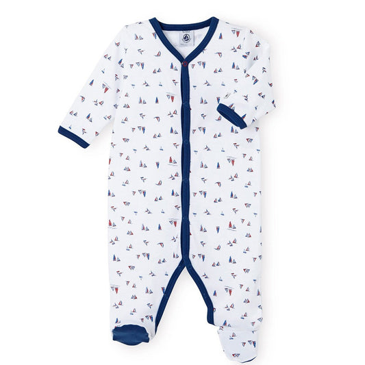 Petit Bateau Kids bodysuit Boat Print Front Snap Footie-White - Ever Simplicity