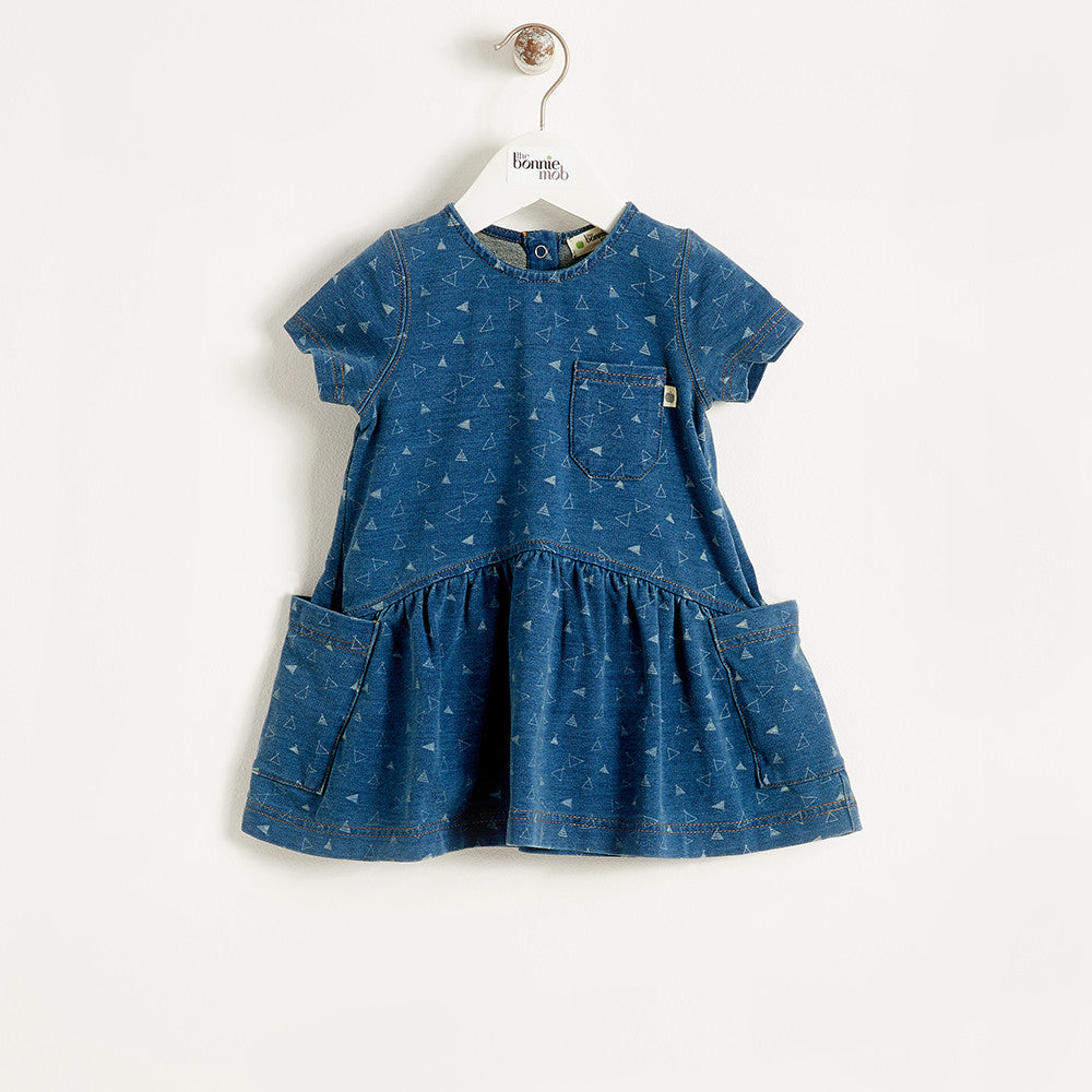 The Bonnie Mob Indigo Terry Dress with Pockets Denim Tee Pee Print The Bonnie Mob Indigo Terry Dress with Pockets Denim Tee Pee Print