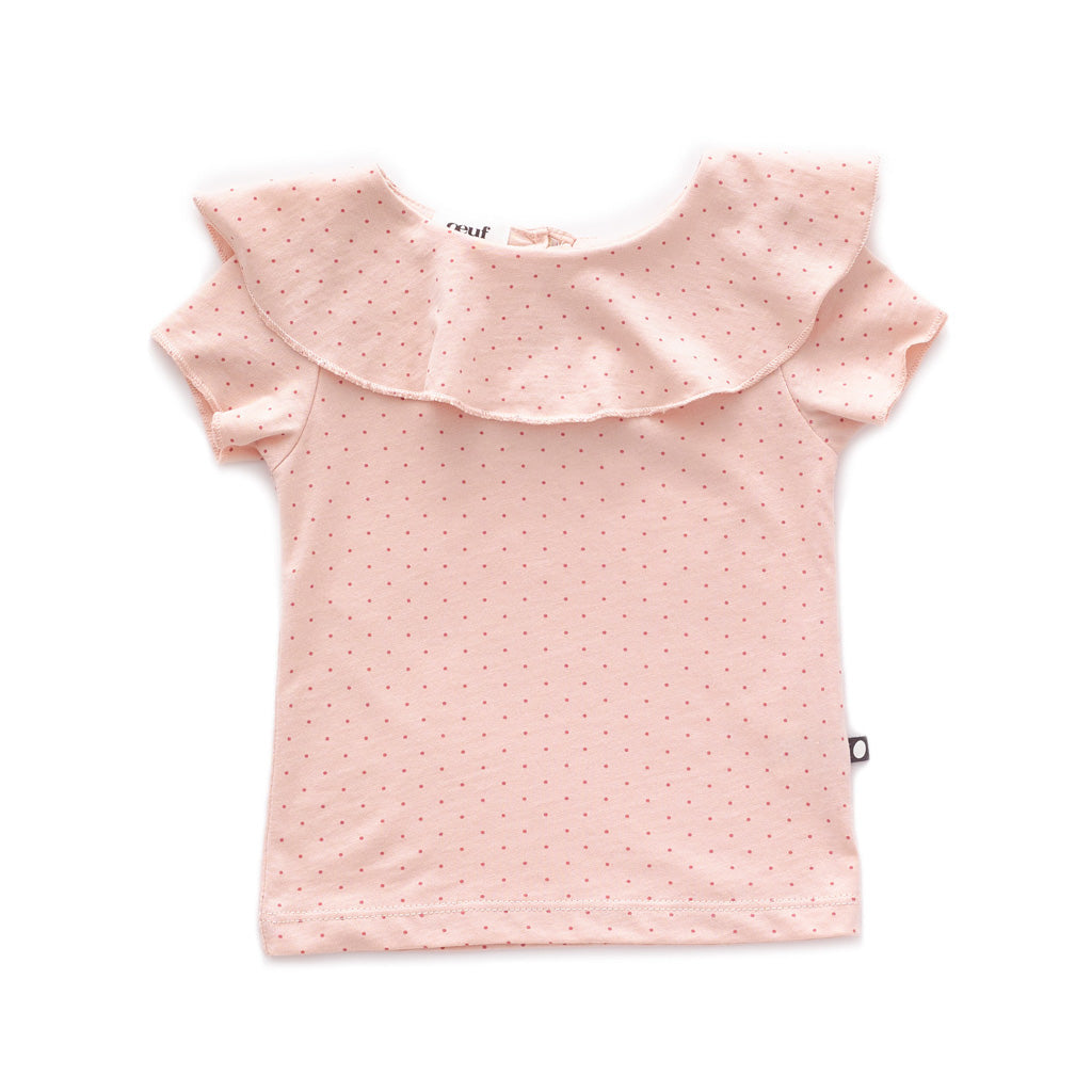Oeuf Ruffle Collar Short Sleeve Tee-Light Pink/Rust Dots for Girls
