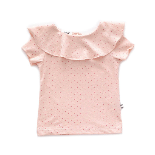 Oeuf Kids tops Ruffle Collar Short Sleeve Tee-Light Pink/Rust Dots - Ever Simplicity