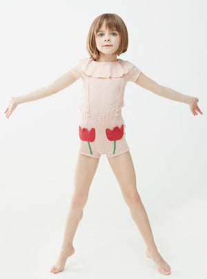 Oeuf Kids tops Ruffle Collar Short Sleeve Tee-Light Pink/Rust Dots - Ever Simplicity